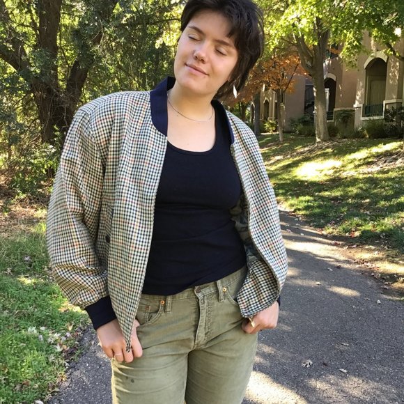 men’s plaid bomber harrington jacket L academia golf retro zippered lined tan - Picture 10 of 13